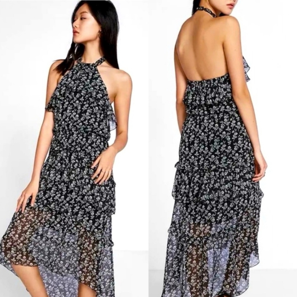 Express Floral Tiered Ruffle Midi Halter Dress
